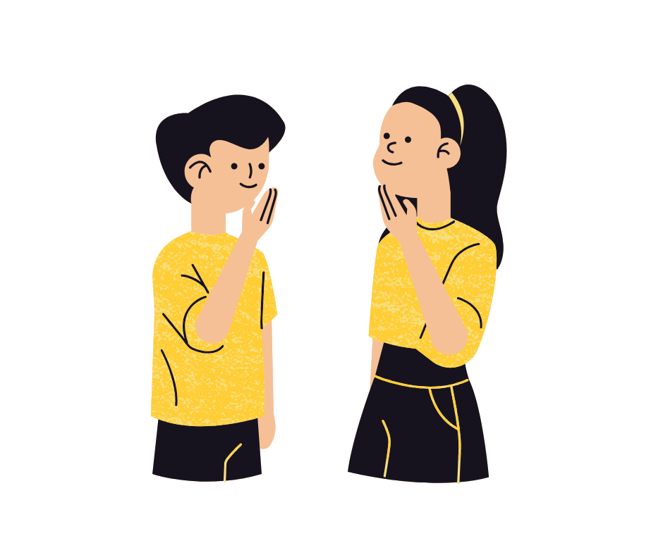 Illustration of two people facing each other and using the British Sign Language sign for “thank you”