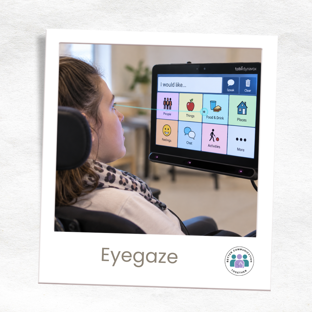 Person using eye-gaze technology to access a symbol-based communication system on a screen.