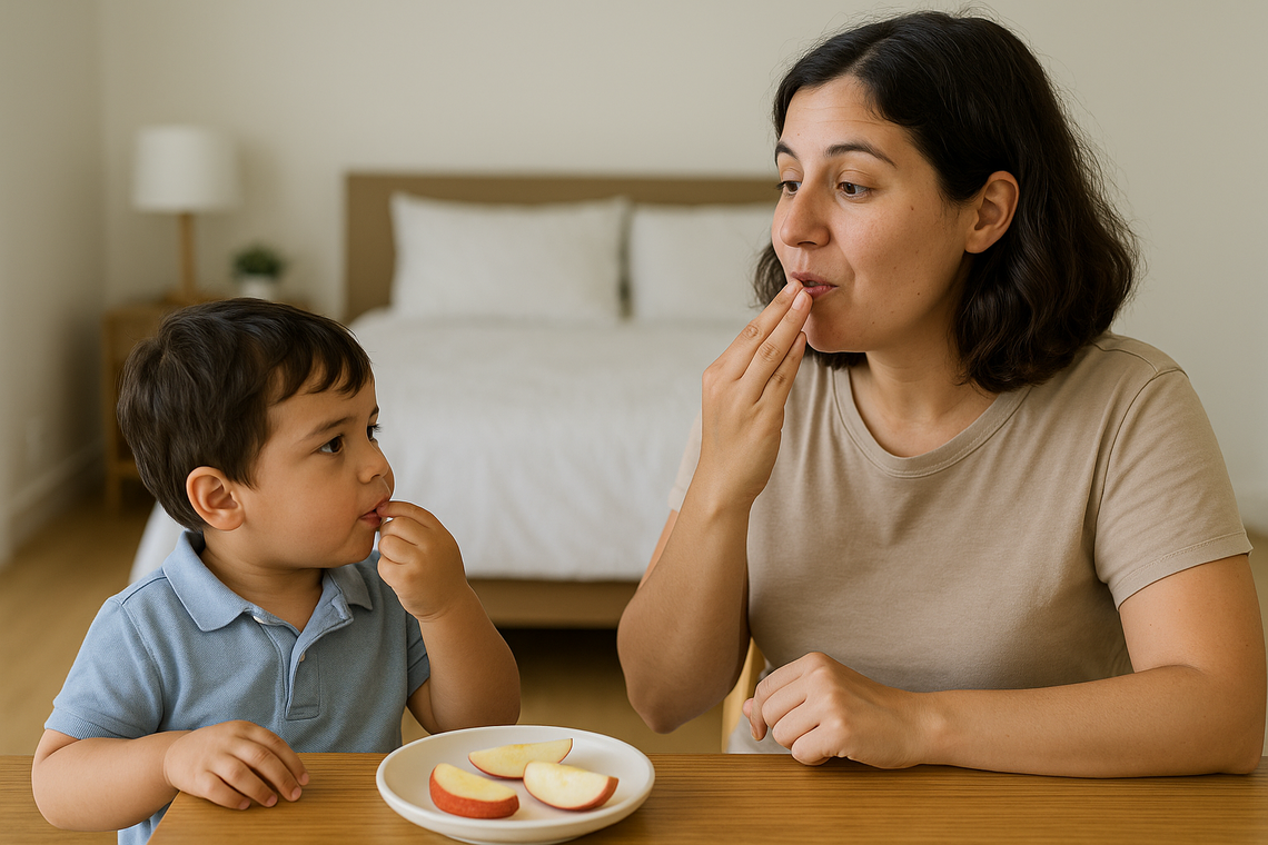 Adult modelling a Makaton sign during a natural everyday interaction with a child at the table.