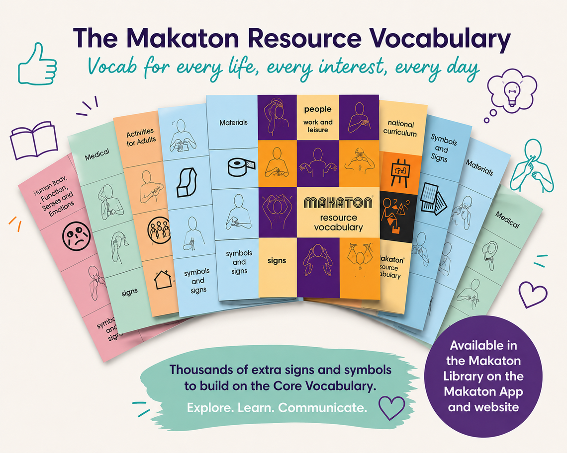 The Makaton Resource Vocabulary, showing examples of topic-based vocabulary collections that provide additional signs and symbols beyond the Core Vocabulary.