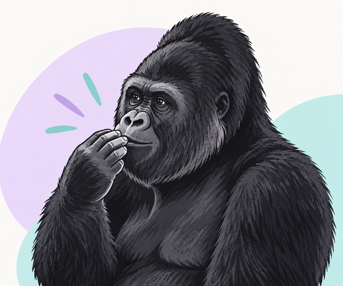 Image of a gorilla using gesture to suggest eating