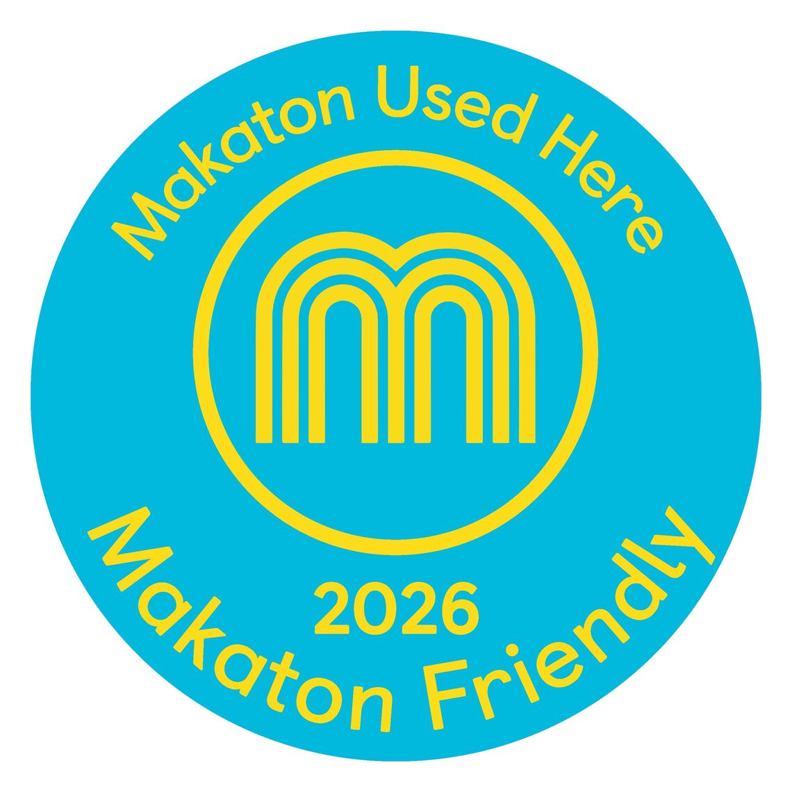 Blue, circular logo with yellow text: Makaton Used here. Makaton Friendly 2016