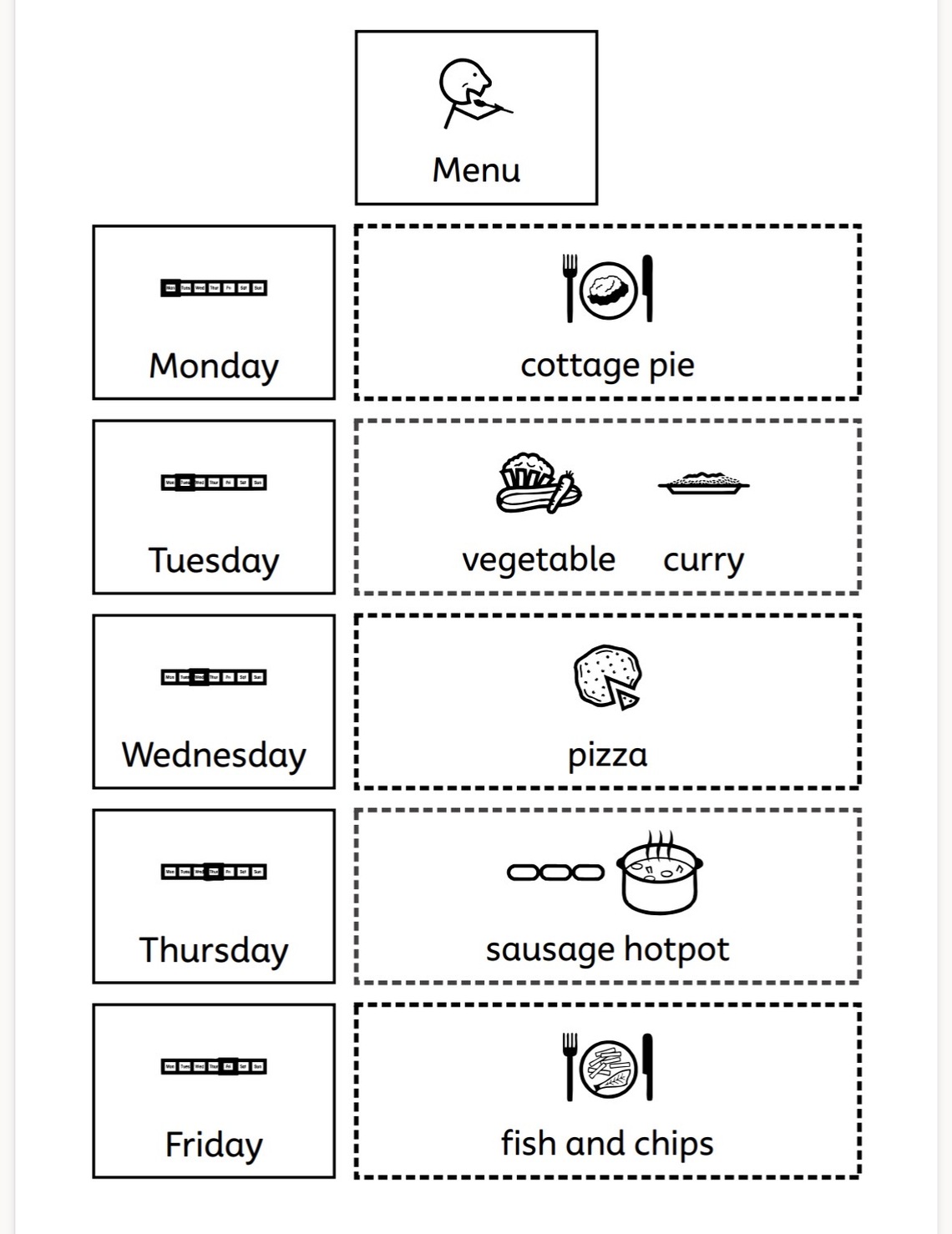 Example of a visual weekly menu created using Makaton symbols, showing meals from Monday to Friday including cottage pie, vegetable curry, pizza, sausage hotpot and fish and chips. Symbols are displayed above the written words.