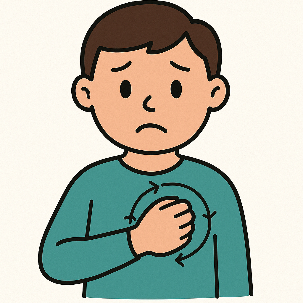 Illustration of a person looking sorry and making the Makaton sign for &lsquo;sorry&rsquo;.