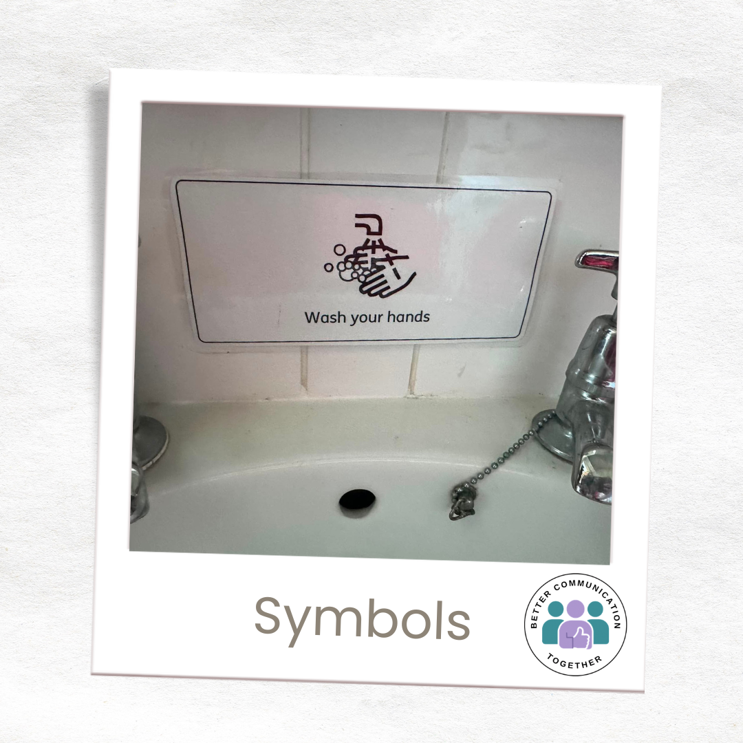 Body wash and bubble bath bottles labelled with symbols and written words.